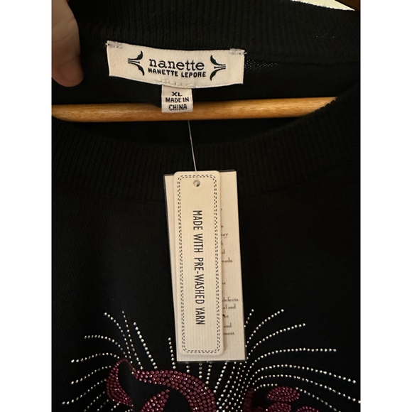 Women's Nanette Lepore Sweater XL Black Pink Paris Bling Rhinestone Logo - Picture 5 of 6